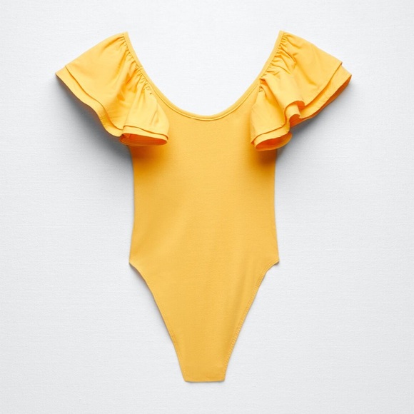 Zara NWOT yellow ruffle sleeves bodysuit top, stretchy - Picture 5 of 10